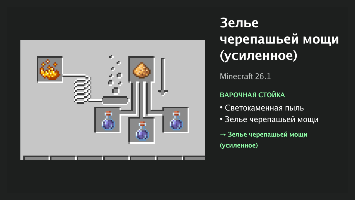 Рецепт: зелье черепашьей мощи (усиленное) в Minecraft — светокаменная пыль, зелье черепашьей мощи (варочная стойка)