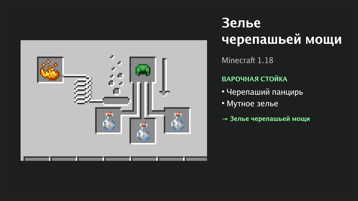 Рецепт: зелье черепашьей мощи в Minecraft — черепаший панцирь, мутное зелье (варочная стойка)