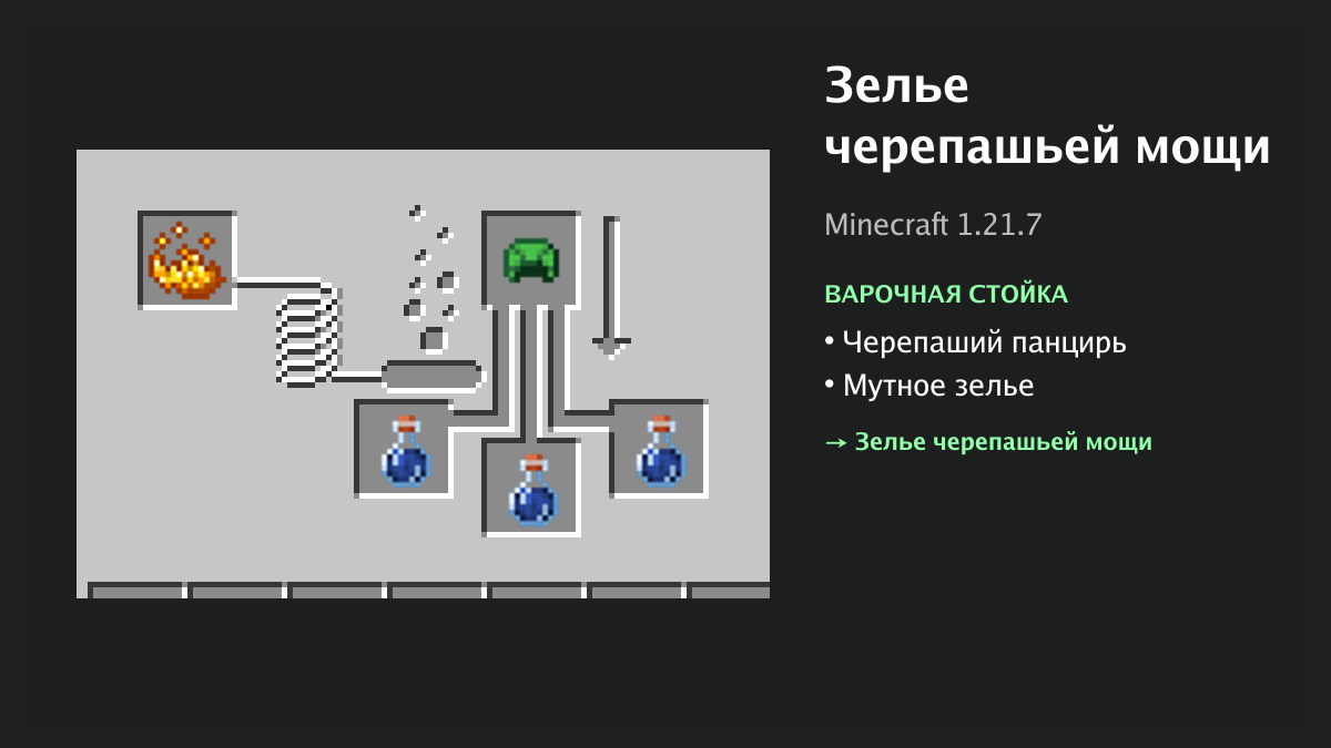 Рецепт: зелье черепашьей мощи в Minecraft — черепаший панцирь, мутное зелье (варочная стойка)