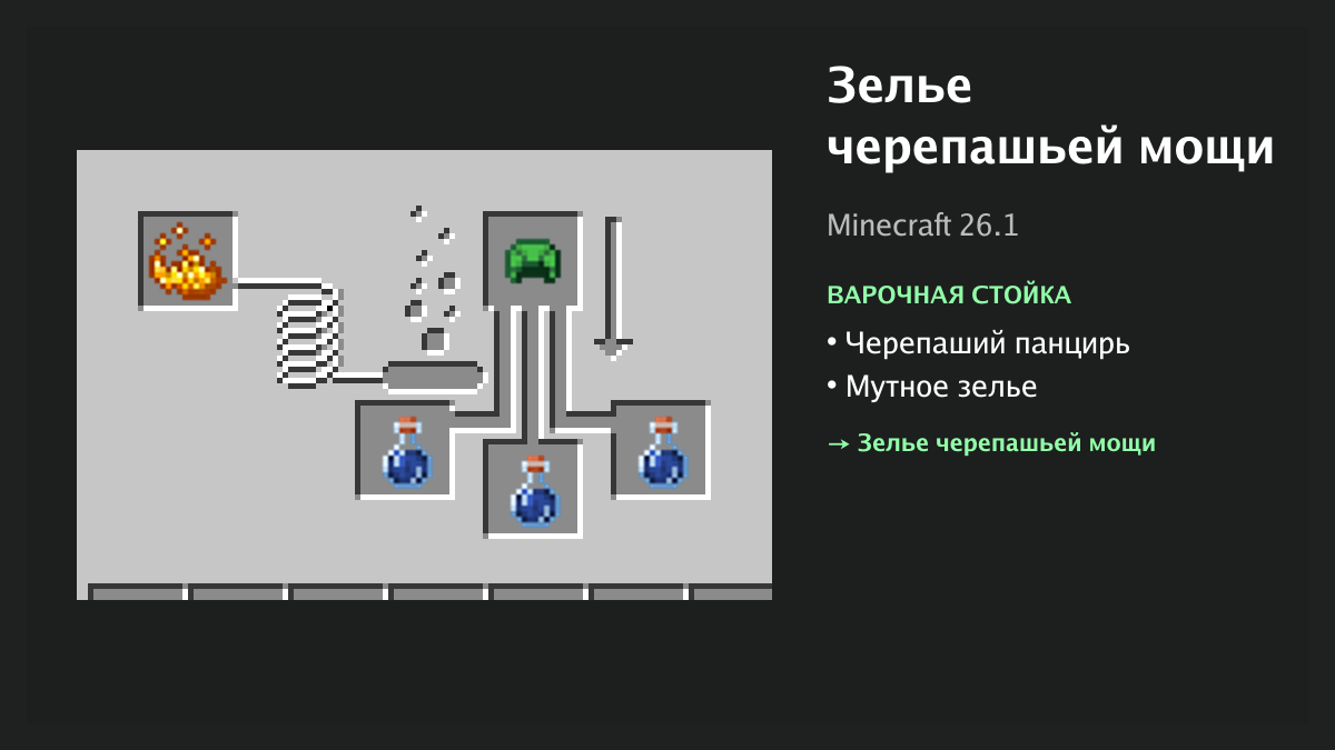 Рецепт: зелье черепашьей мощи в Minecraft — черепаший панцирь, мутное зелье (варочная стойка)
