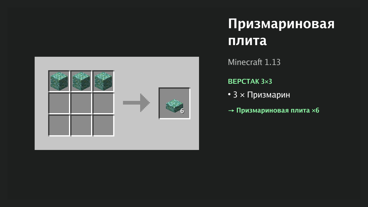 Рецепт: призмариновая плита в Minecraft — 3 × призмарин (верстак 3×3)