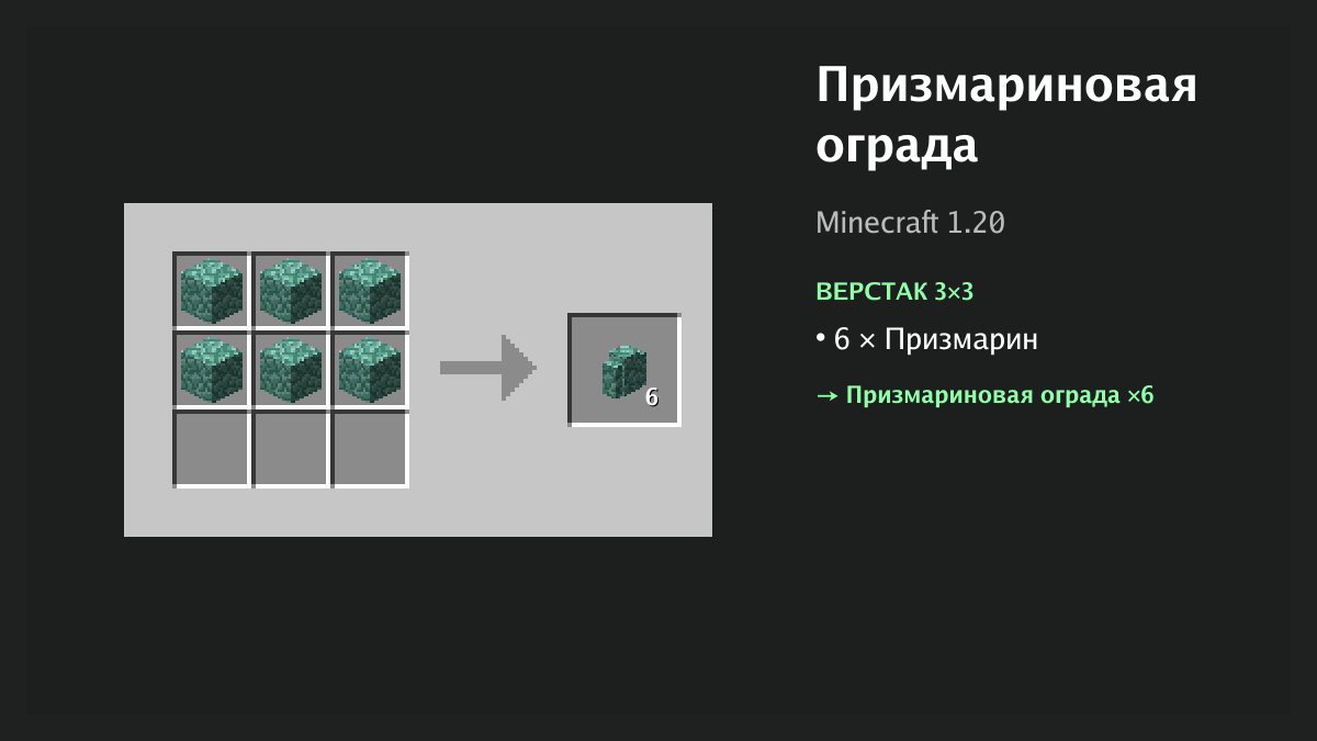 Рецепт: призмариновая ограда в Minecraft — 6 × призмарин (верстак 3×3)