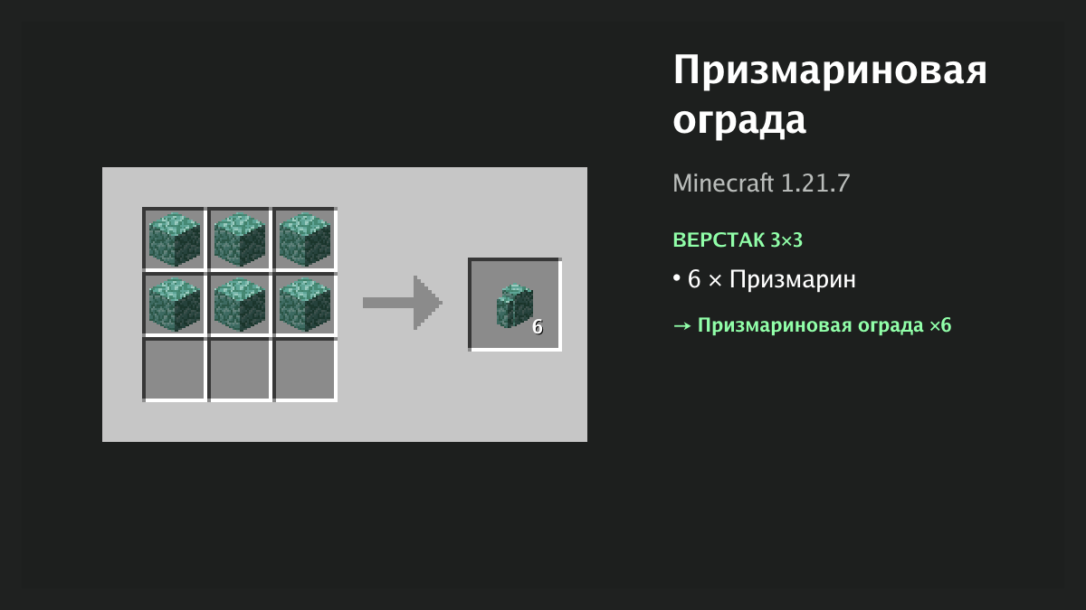 Рецепт: призмариновая ограда в Minecraft — 6 × призмарин (верстак 3×3)
