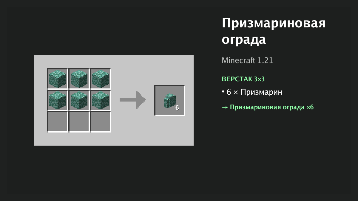 Рецепт: призмариновая ограда в Minecraft — 6 × призмарин (верстак 3×3)