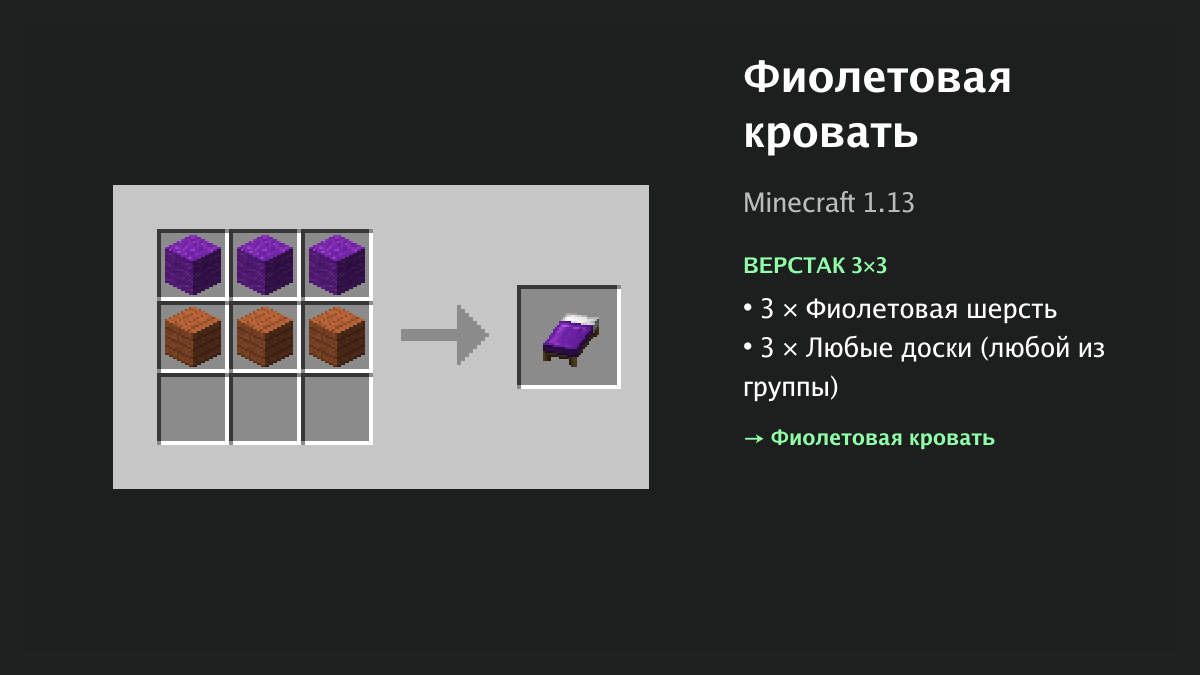 Рецепт: фиолетовая кровать в Minecraft — 3 × фиолетовая шерсть, 3 × любые доски (верстак 3×3)
