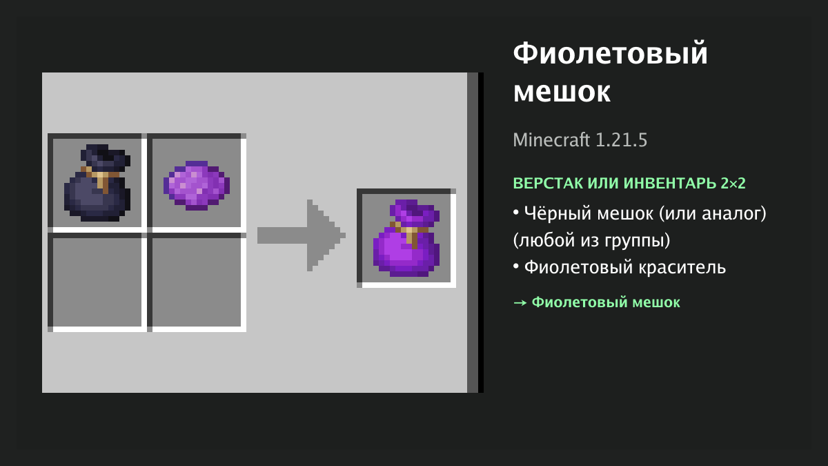 Рецепт: фиолетовый мешок в Minecraft — чёрный мешок (или аналог), фиолетовый краситель (верстак или инвентарь 2×2)