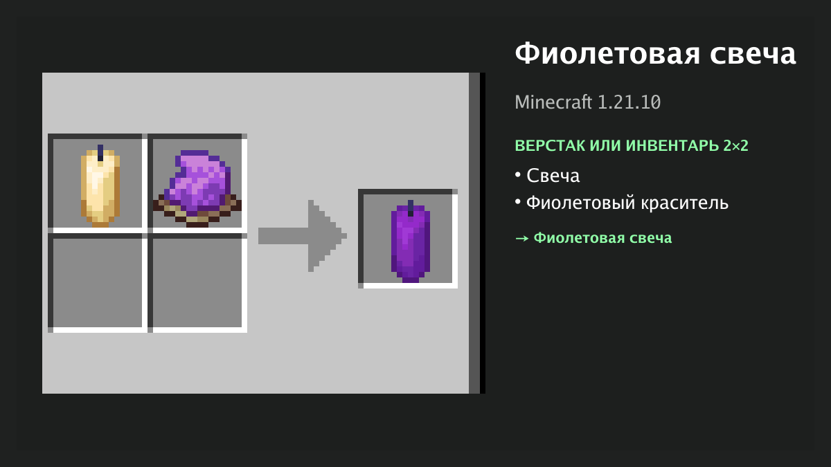 Рецепт: фиолетовая свеча в Minecraft — свеча, фиолетовый краситель (верстак или инвентарь 2×2)