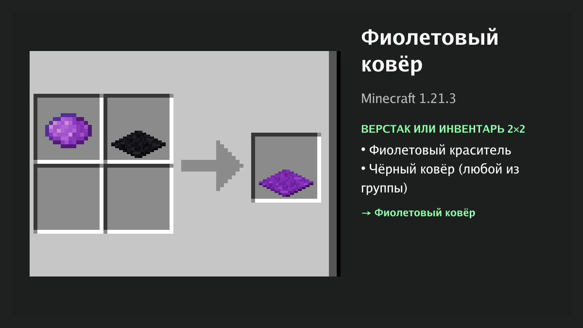 Рецепт: фиолетовый ковёр в Minecraft — фиолетовый краситель, чёрный ковёр (верстак или инвентарь 2×2)