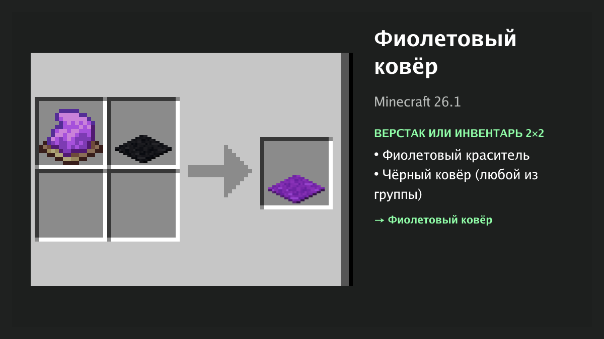 Рецепт: фиолетовый ковёр в Minecraft — фиолетовый краситель, чёрный ковёр (верстак или инвентарь 2×2)