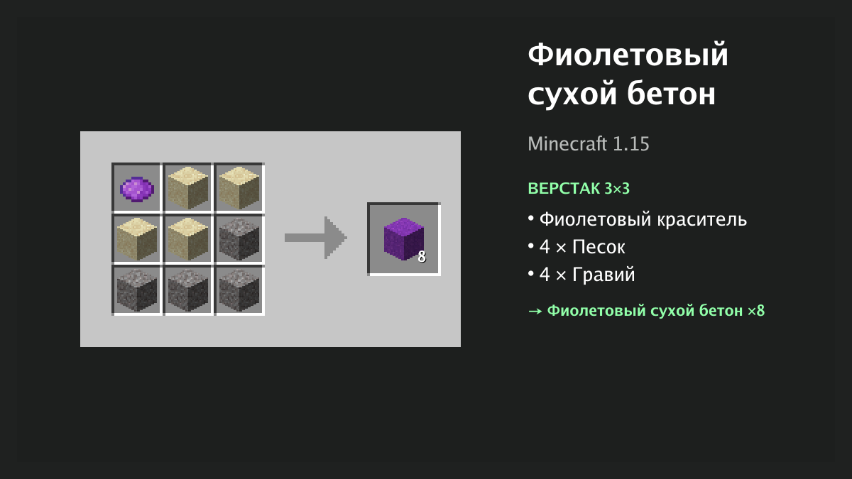 Рецепт: фиолетовый сухой бетон в Minecraft — фиолетовый краситель, 4 × песок, 4 × гравий (верстак 3×3)
