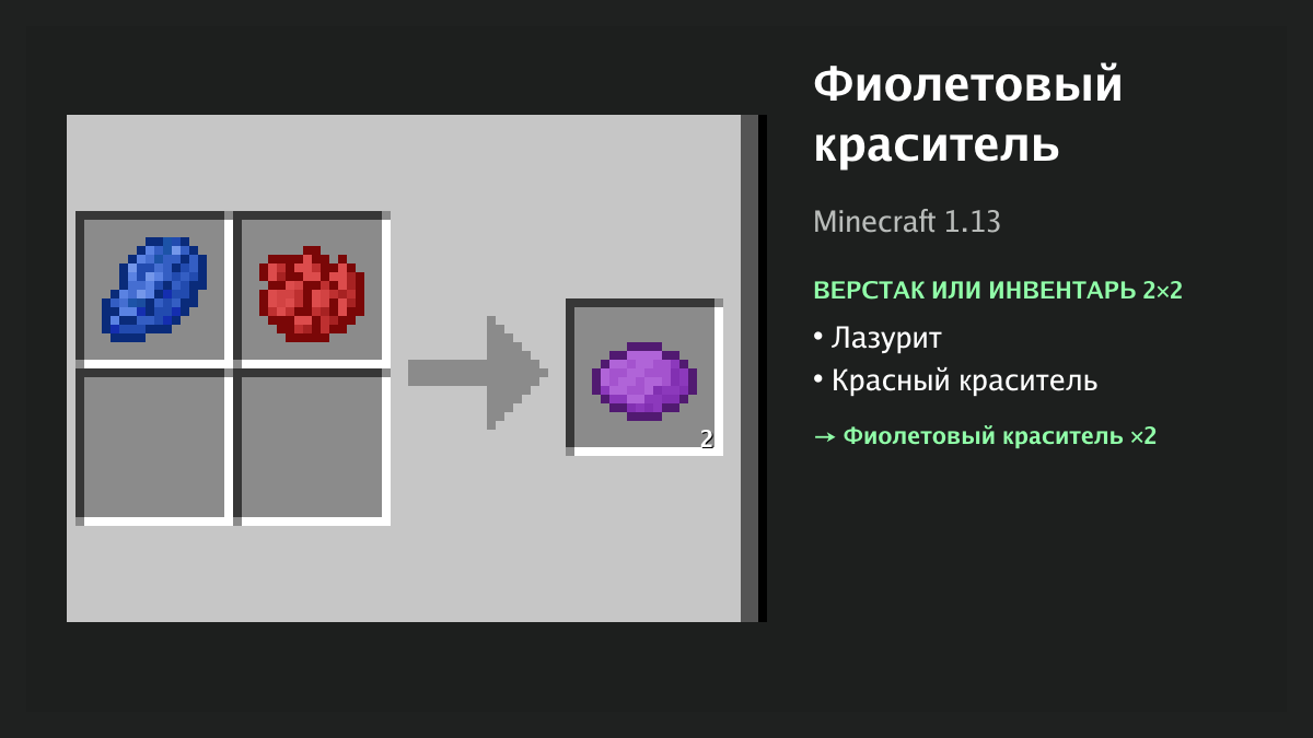 Рецепт: фиолетовый краситель в Minecraft — лазурит, красный краситель (верстак или инвентарь 2×2)