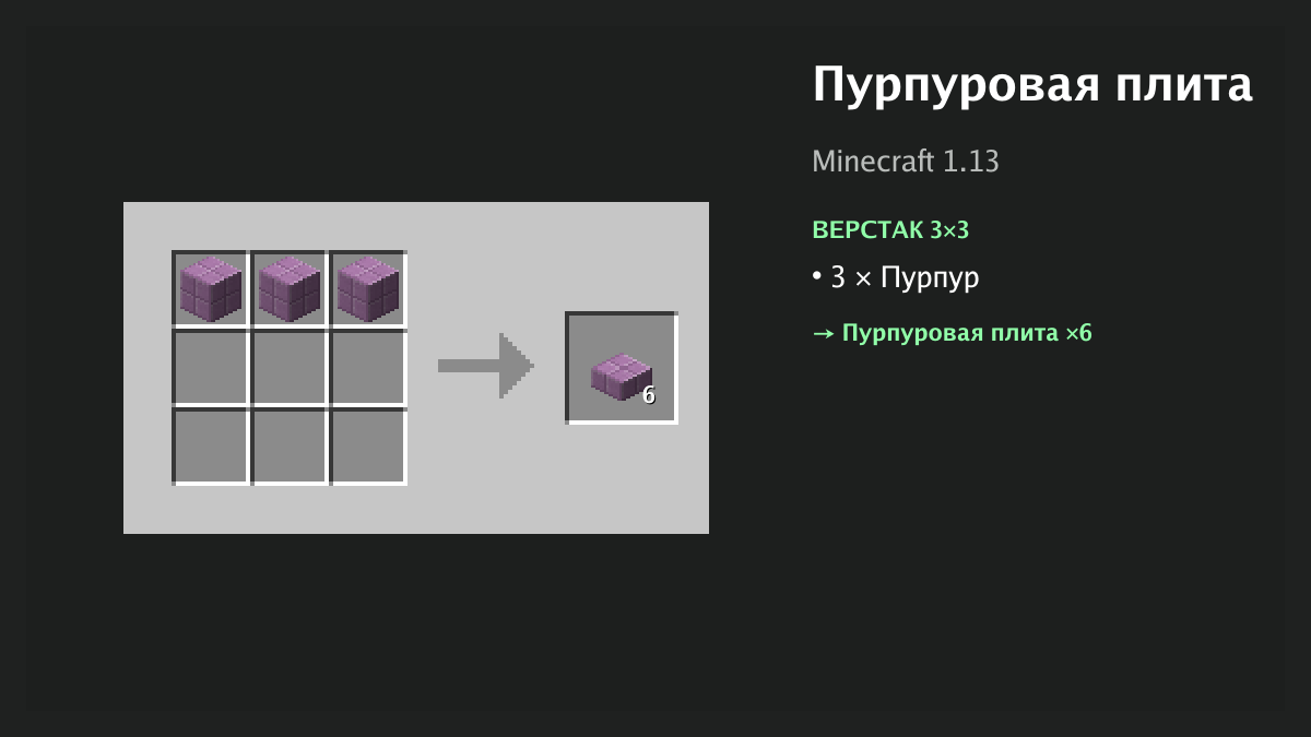 Рецепт: пурпуровая плита в Minecraft — 3 × пурпур (верстак 3×3)