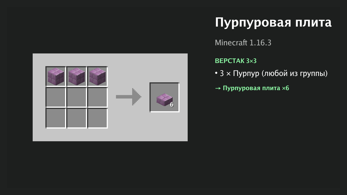 Рецепт: пурпуровая плита в Minecraft — 3 × пурпур (верстак 3×3)