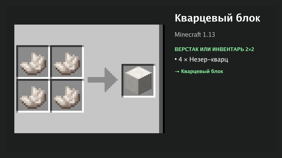 Рецепт: кварцевый блок в Minecraft — 4 × незер-кварц (верстак или инвентарь 2×2)