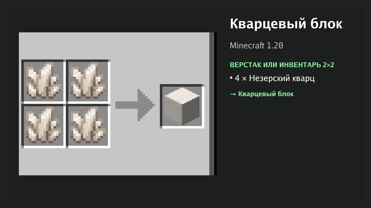 Рецепт: кварцевый блок в Minecraft — 4 × незерский кварц (верстак или инвентарь 2×2)
