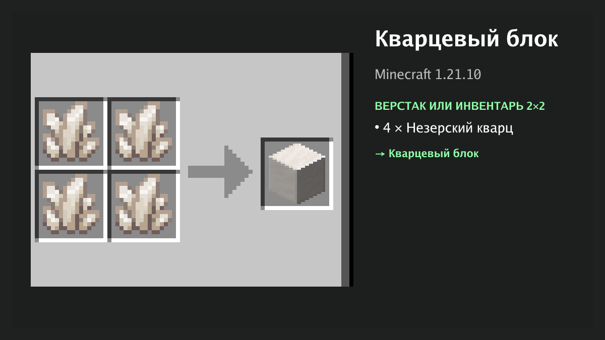Рецепт: кварцевый блок в Minecraft — 4 × незерский кварц (верстак или инвентарь 2×2)