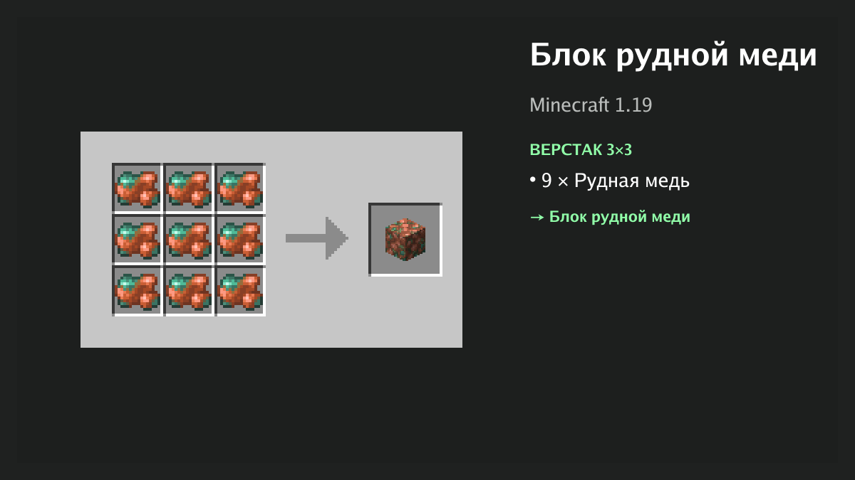Рецепт: блок рудной меди в Minecraft — 9 × рудная медь (верстак 3×3)