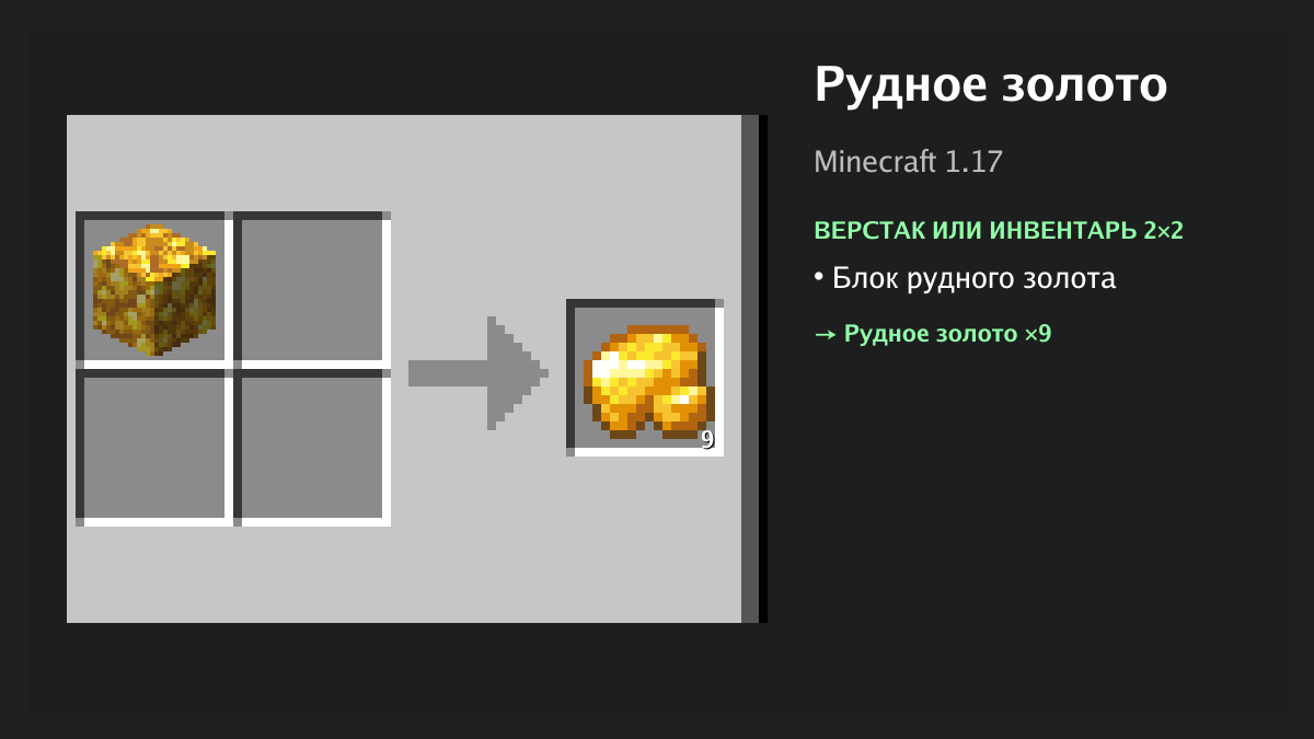 Рецепт: рудное золото в Minecraft — блок рудного золота (верстак или инвентарь 2×2)