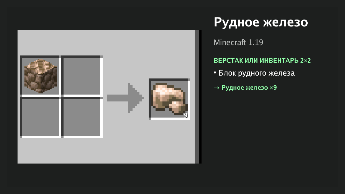 Рецепт: рудное железо в Minecraft — блок рудного железа (верстак или инвентарь 2×2)