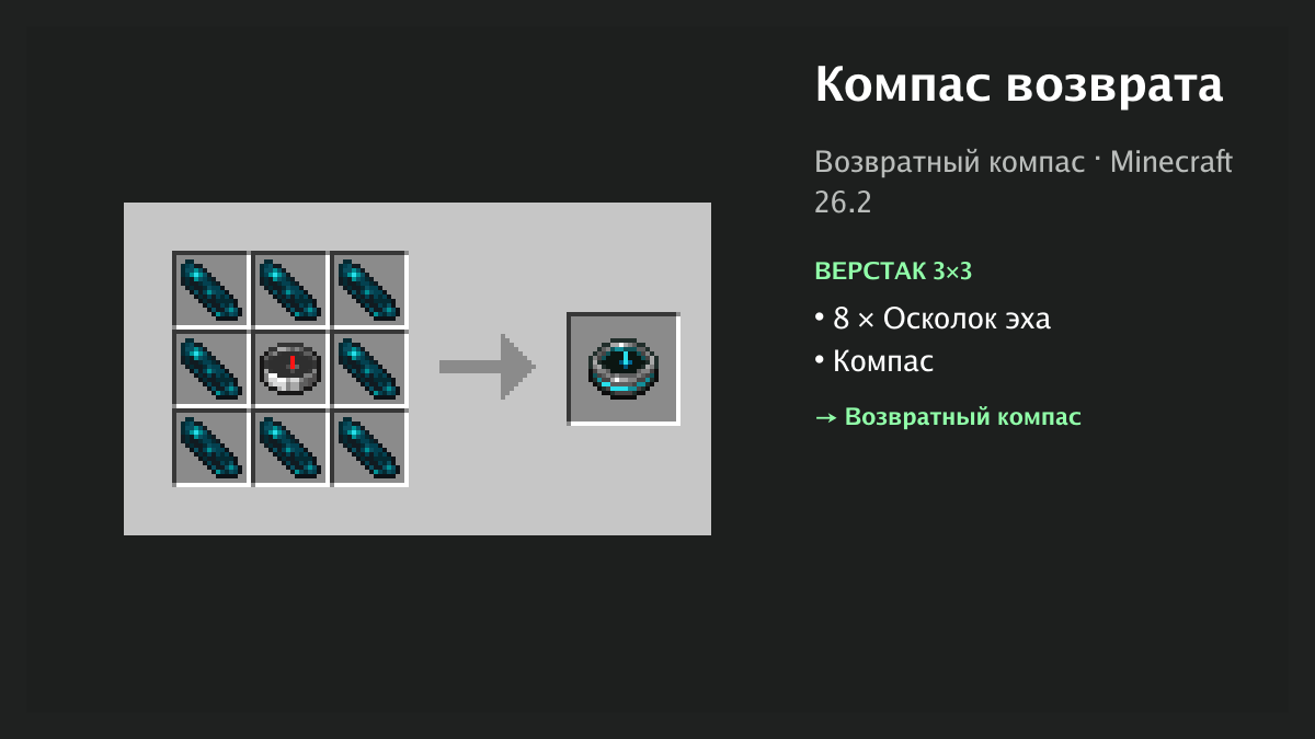 Рецепт: компас возврата в Minecraft — 8 × осколок эха, компас (верстак 3×3)