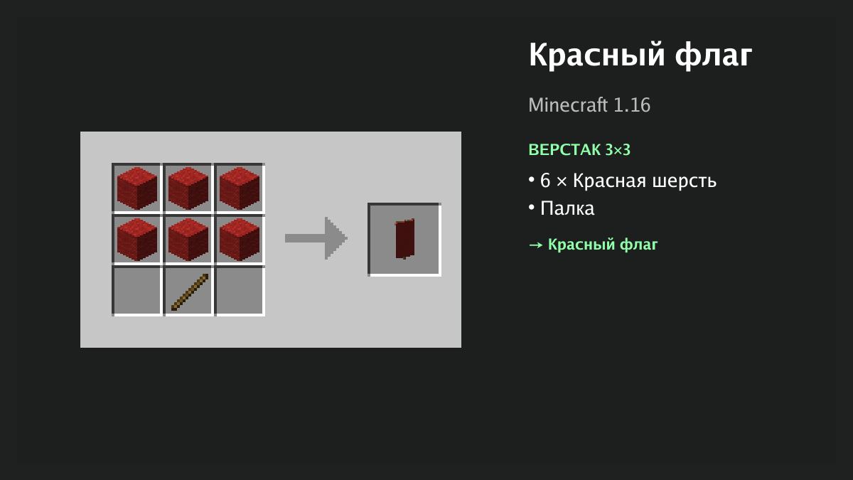 Рецепт: красный флаг в Minecraft — 6 × красная шерсть, палка (верстак 3×3)