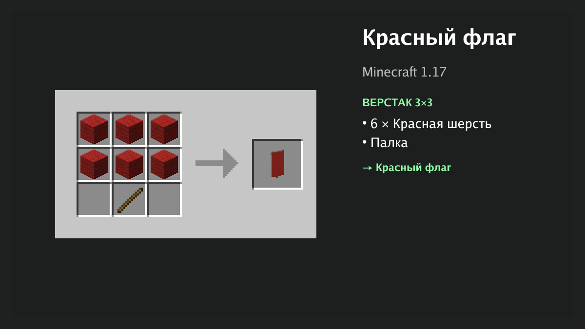 Рецепт: красный флаг в Minecraft — 6 × красная шерсть, палка (верстак 3×3)