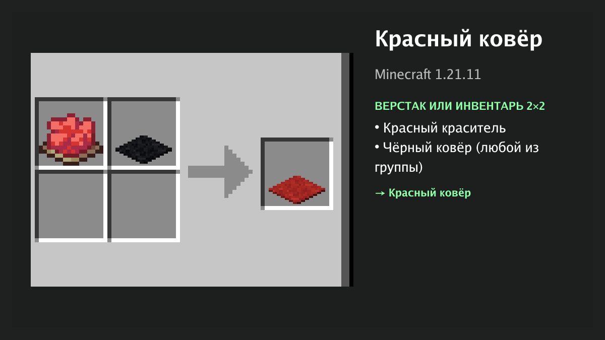 Рецепт: красный ковёр в Minecraft — красный краситель, чёрный ковёр (верстак или инвентарь 2×2)