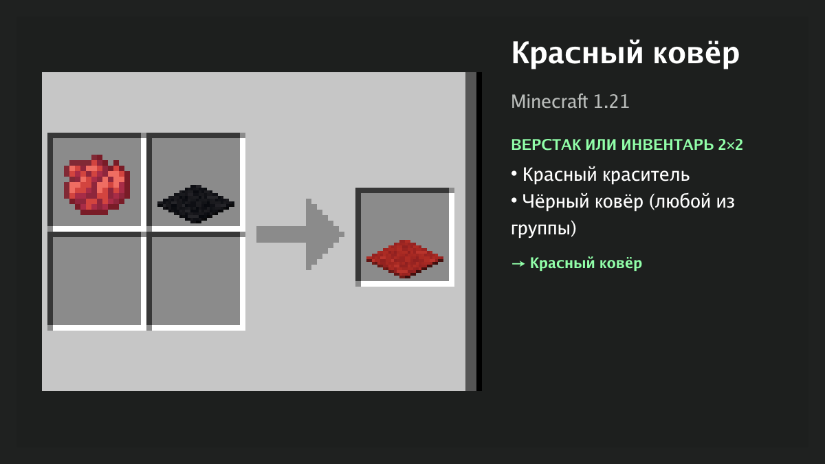 Рецепт: красный ковёр в Minecraft — красный краситель, чёрный ковёр (верстак или инвентарь 2×2)