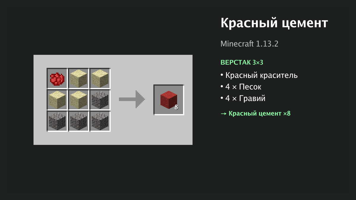 Рецепт: красный цемент в Minecraft — красный краситель, 4 × песок, 4 × гравий (верстак 3×3)