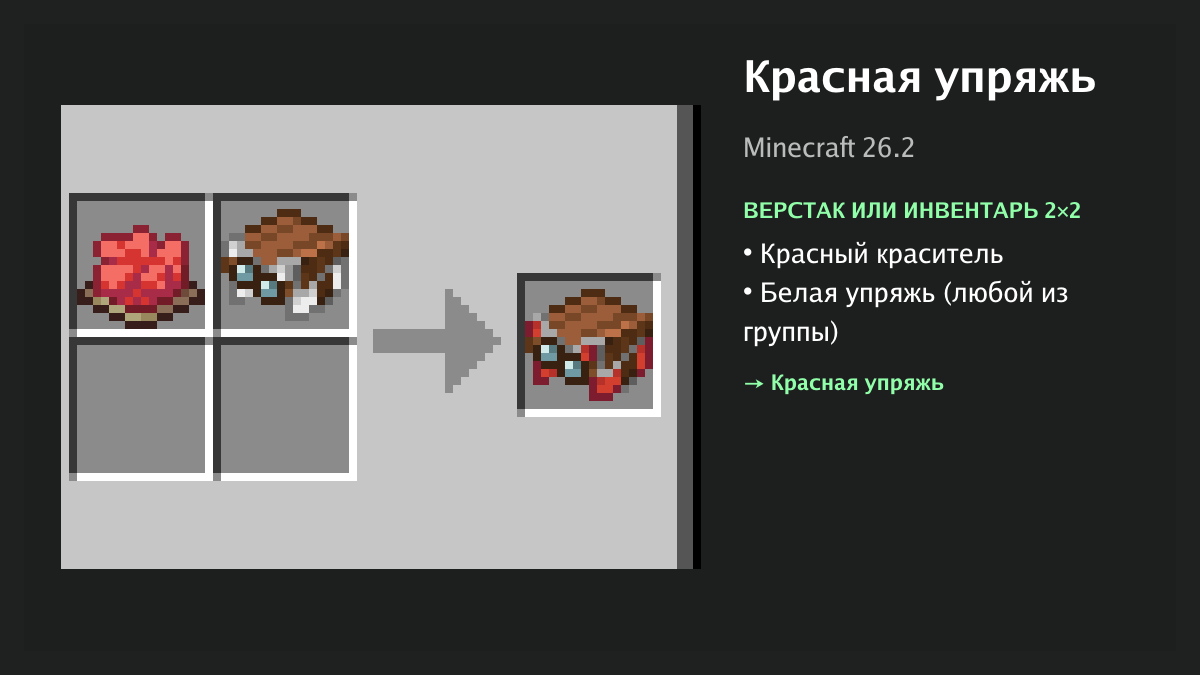 Рецепт: красная упряжь в Minecraft — красный краситель, белая упряжь (верстак или инвентарь 2×2)