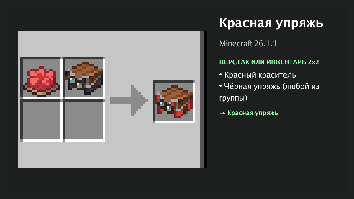 Рецепт: красная упряжь в Minecraft — красный краситель, чёрная упряжь (верстак или инвентарь 2×2)