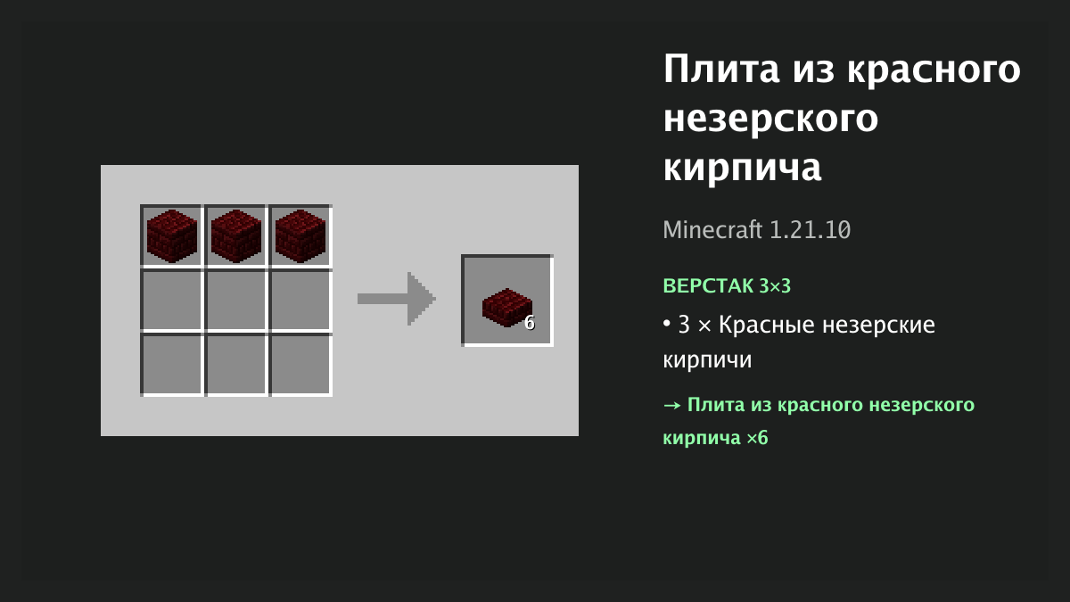 Рецепт: плита из красного незерского кирпича в Minecraft — 3 × красные незерские кирпичи (верстак 3×3)