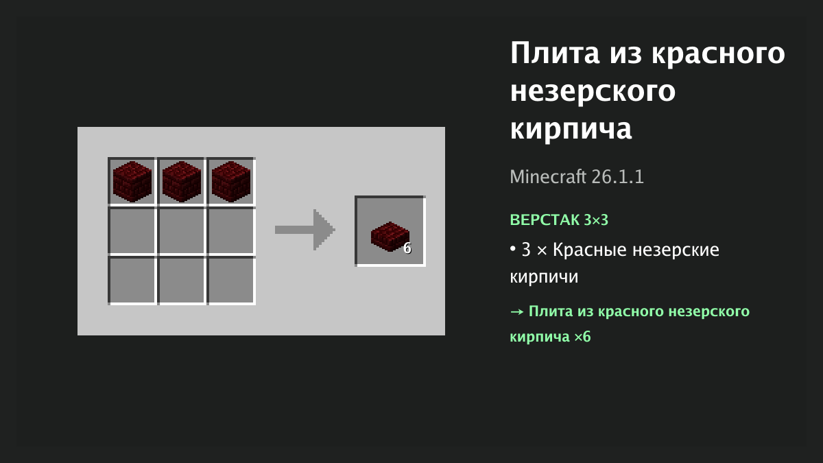 Рецепт: плита из красного незерского кирпича в Minecraft — 3 × красные незерские кирпичи (верстак 3×3)