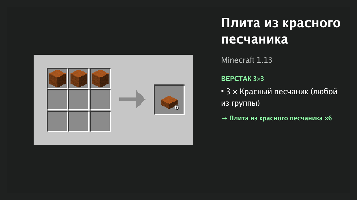 Рецепт: плита из красного песчаника в Minecraft — 3 × красный песчаник (верстак 3×3)