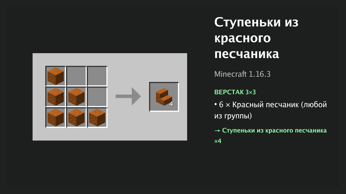 Рецепт: ступеньки из красного песчаника в Minecraft — 6 × красный песчаник (верстак 3×3)