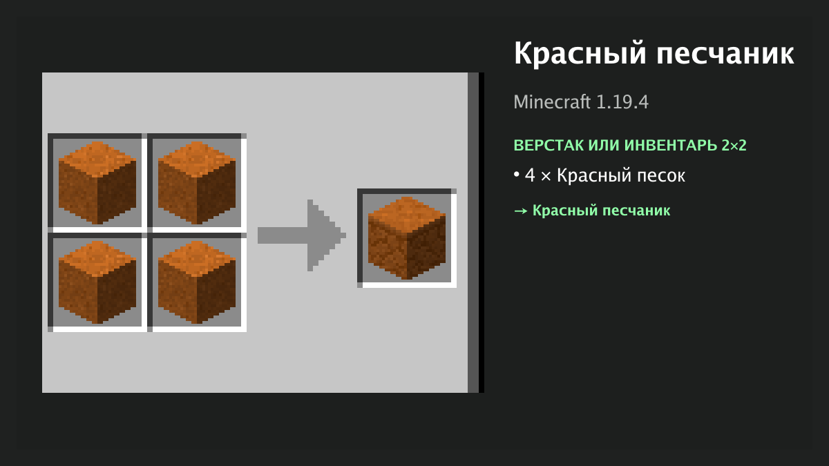 Рецепт: красный песчаник в Minecraft — 4 × красный песок (верстак или инвентарь 2×2)