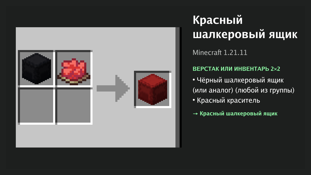 Рецепт: красный шалкеровый ящик в Minecraft — чёрный шалкеровый ящик (или аналог), красный краситель (верстак или инвентарь 2×2)