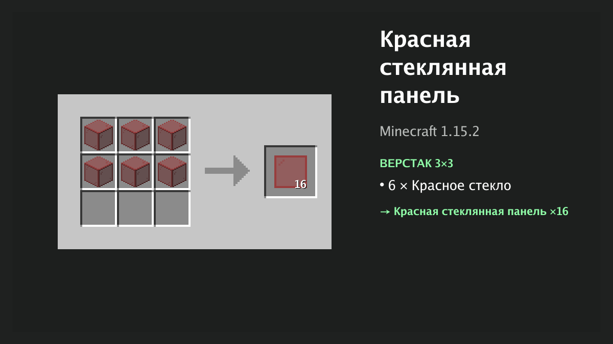 Рецепт: красная стеклянная панель в Minecraft — 6 × красное стекло (верстак 3×3)