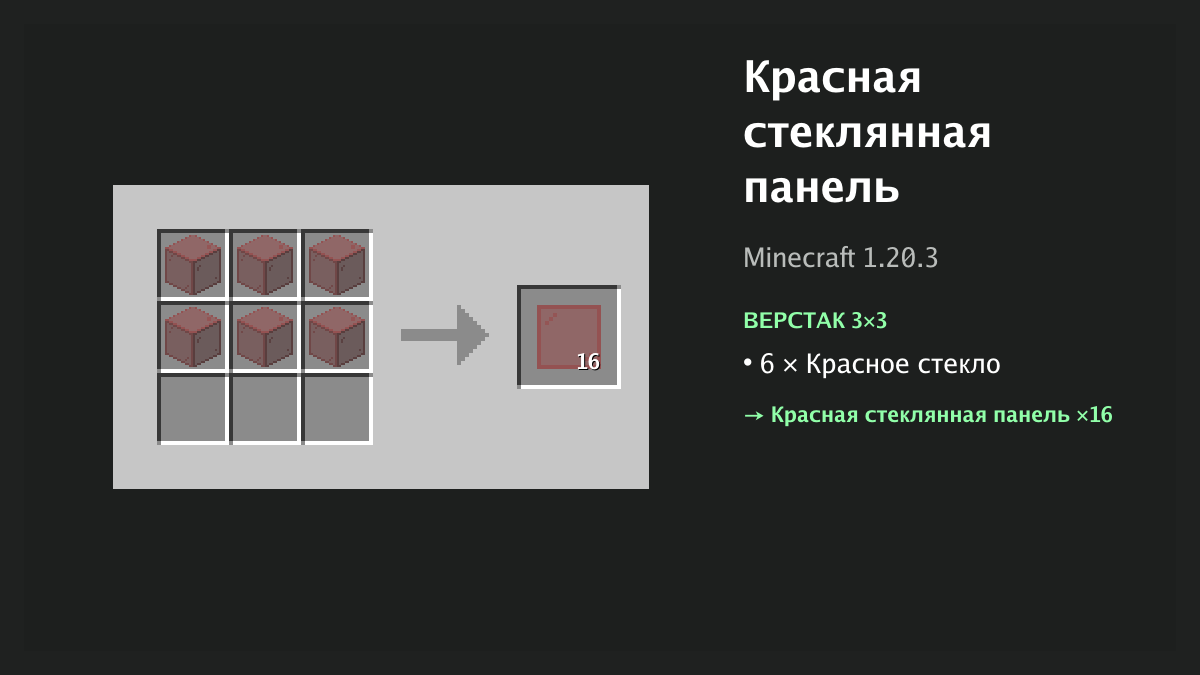 Рецепт: красная стеклянная панель в Minecraft — 6 × красное стекло (верстак 3×3)