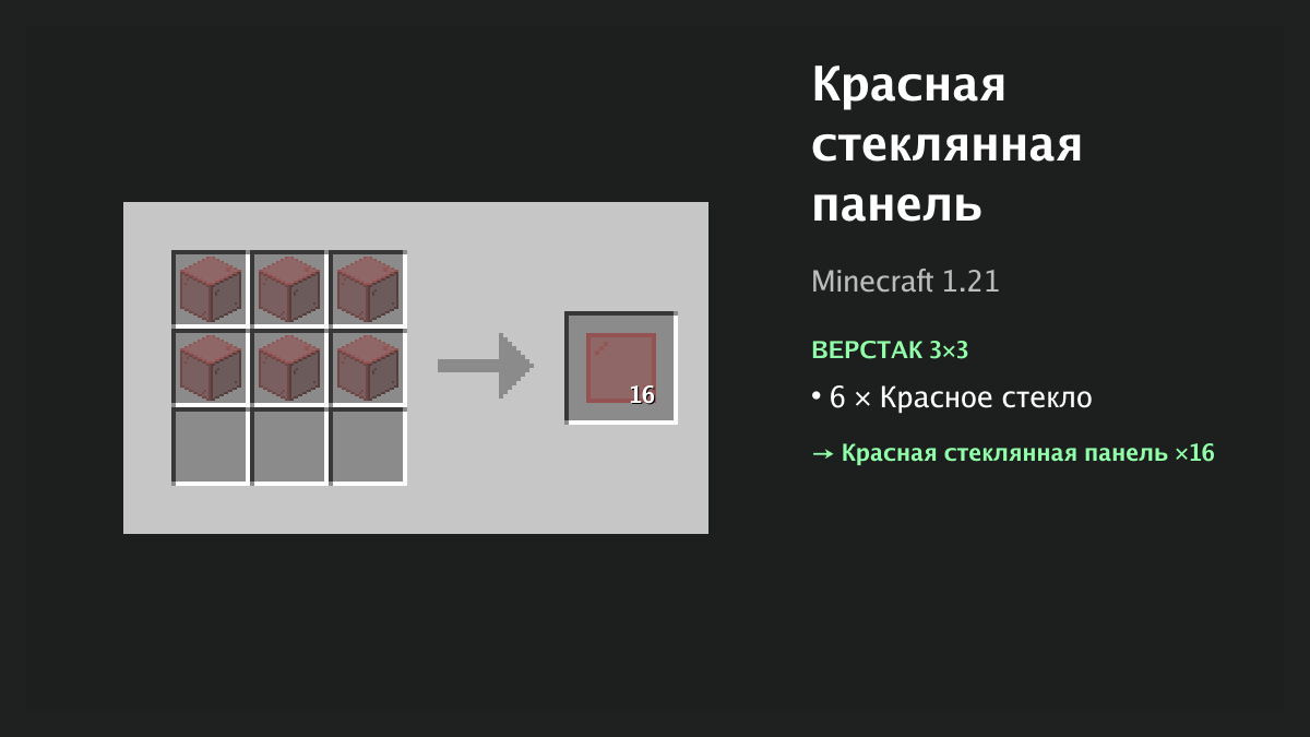 Рецепт: красная стеклянная панель в Minecraft — 6 × красное стекло (верстак 3×3)