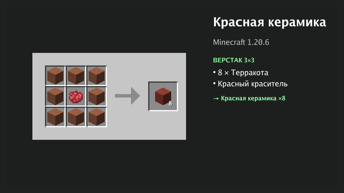 Рецепт: красная керамика в Minecraft — 8 × терракота, красный краситель (верстак 3×3)