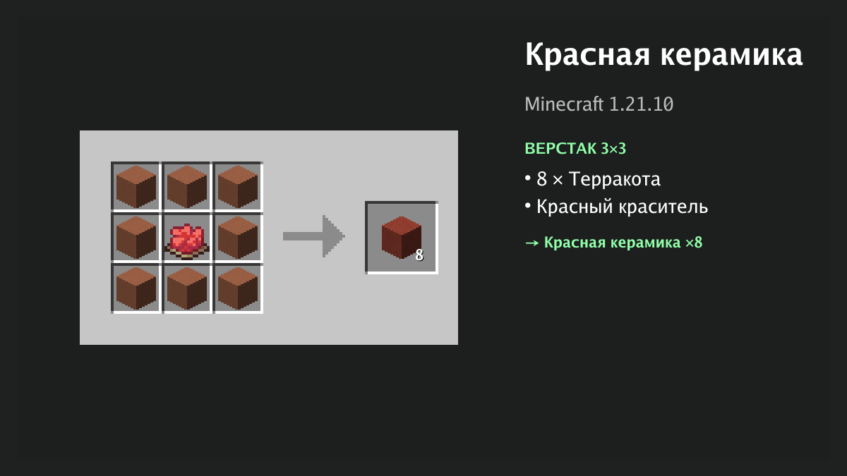 Рецепт: красная керамика в Minecraft — 8 × терракота, красный краситель (верстак 3×3)