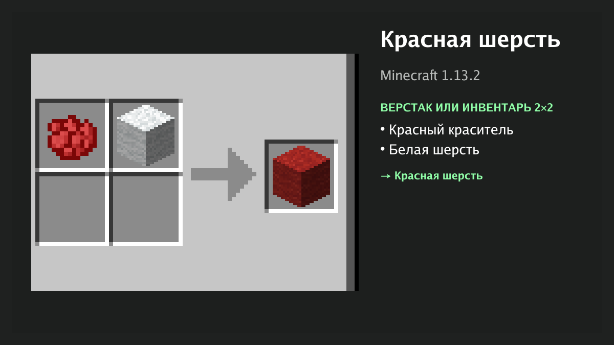 Рецепт: красная шерсть в Minecraft — красный краситель, белая шерсть (верстак или инвентарь 2×2)