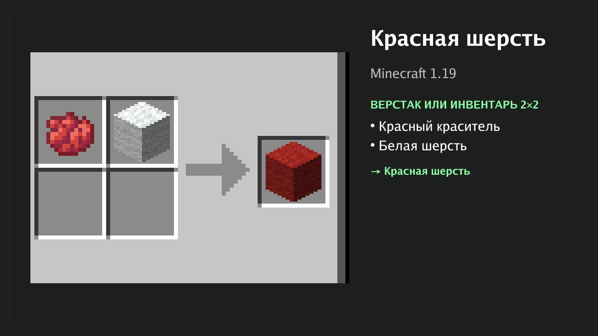 Рецепт: красная шерсть в Minecraft — красный краситель, белая шерсть (верстак или инвентарь 2×2)