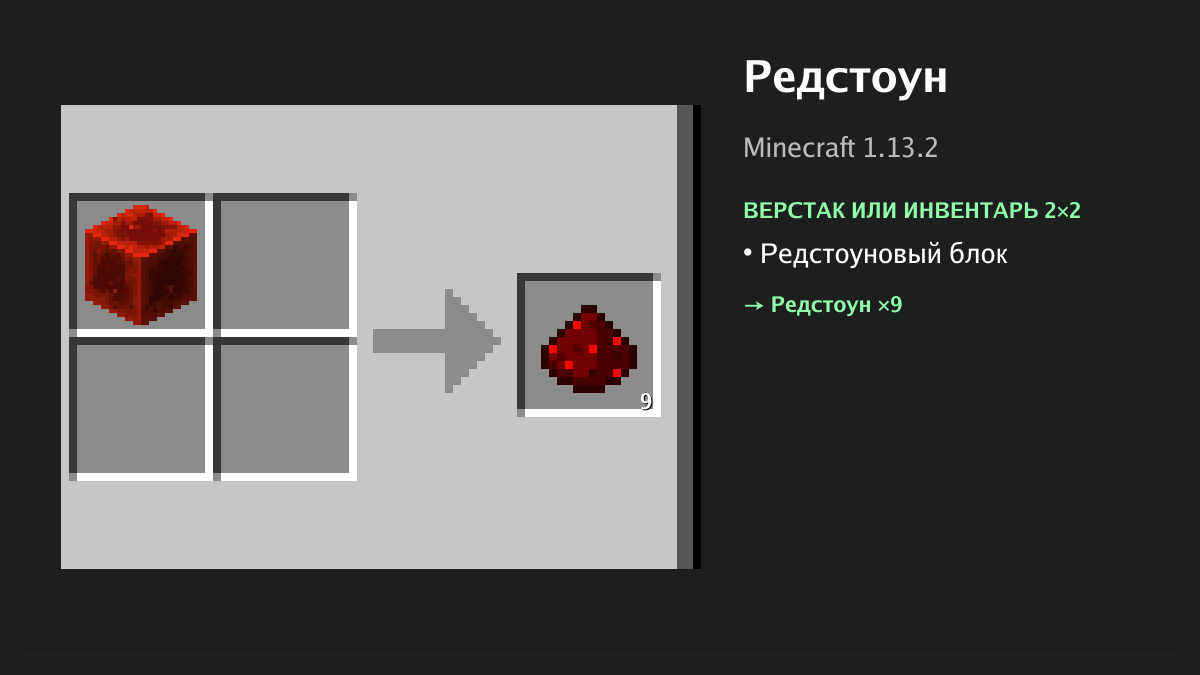 Рецепт: редстоун в Minecraft — редстоуновый блок (верстак или инвентарь 2×2)