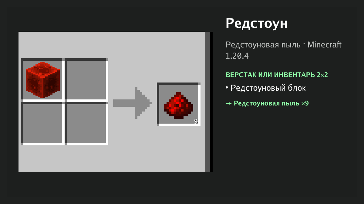 Рецепт: редстоун в Minecraft — редстоуновый блок (верстак или инвентарь 2×2)