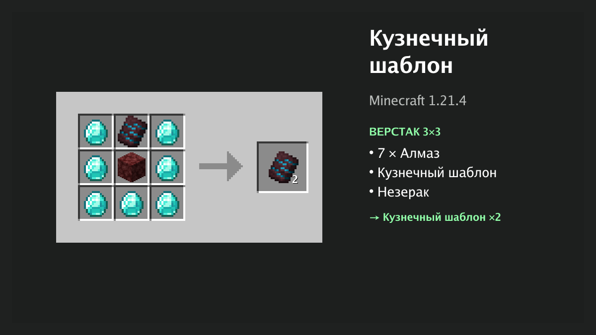 Рецепт: кузнечный шаблон в Minecraft — 7 × алмаз, кузнечный шаблон, незерак (верстак 3×3)