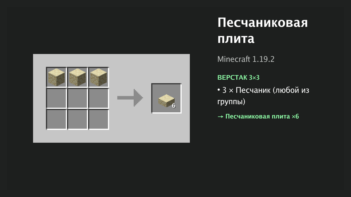 Рецепт: песчаниковая плита в Minecraft — 3 × песчаник (верстак 3×3)