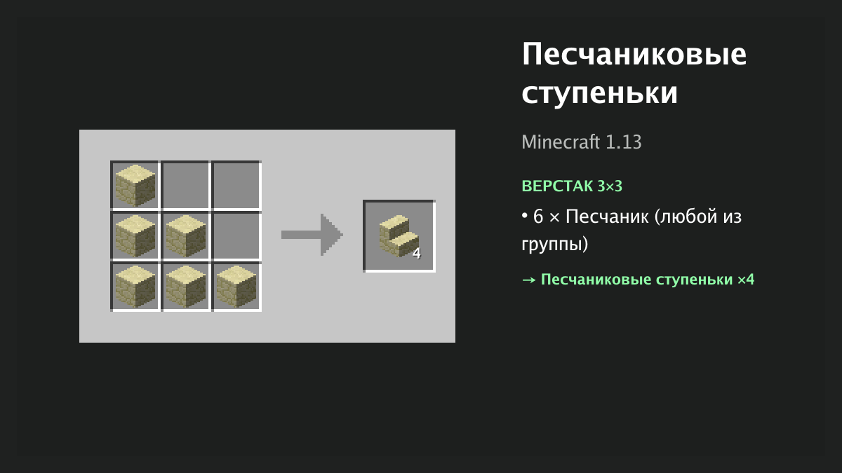 Рецепт: песчаниковые ступеньки в Minecraft — 6 × песчаник (верстак 3×3)