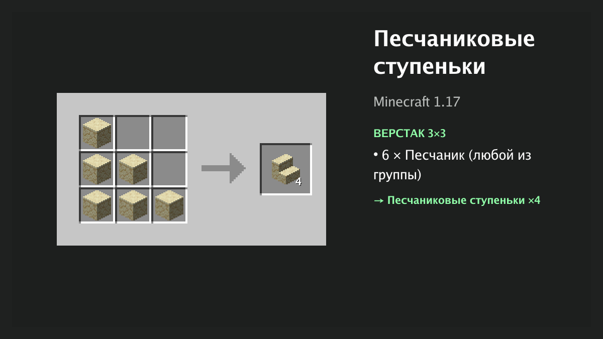 Рецепт: песчаниковые ступеньки в Minecraft — 6 × песчаник (верстак 3×3)